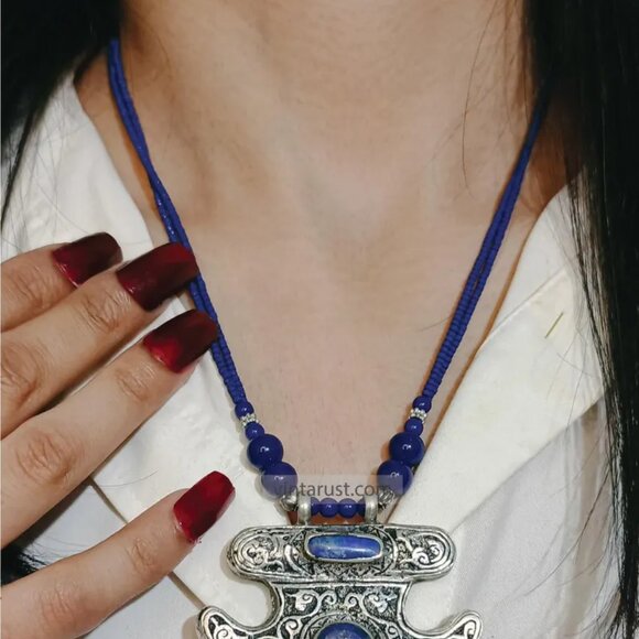 Handmade Lapis Lazuli Necklace, Tribal Beaded Chain Pendant Necklace, Gemstone - Picture 3 of 15